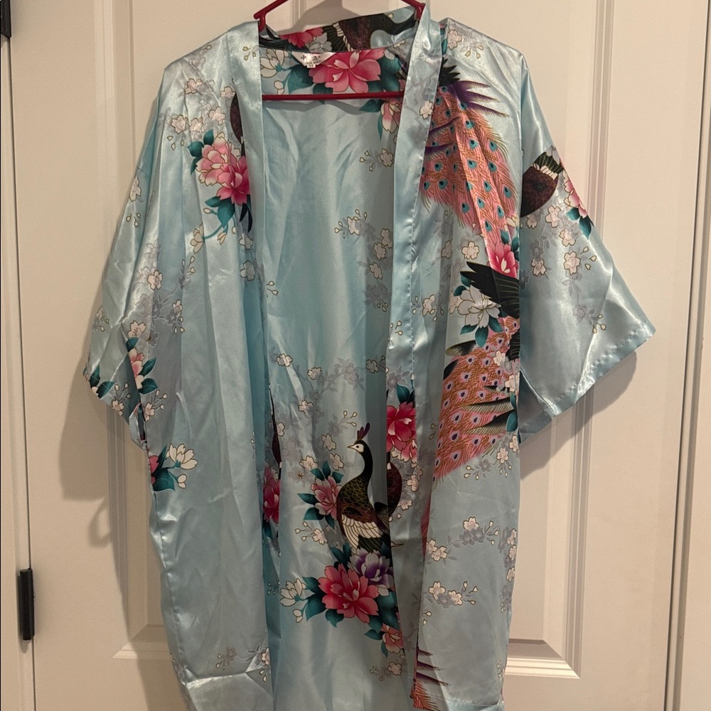 Floral Peacock Satin Robe - Light Blue